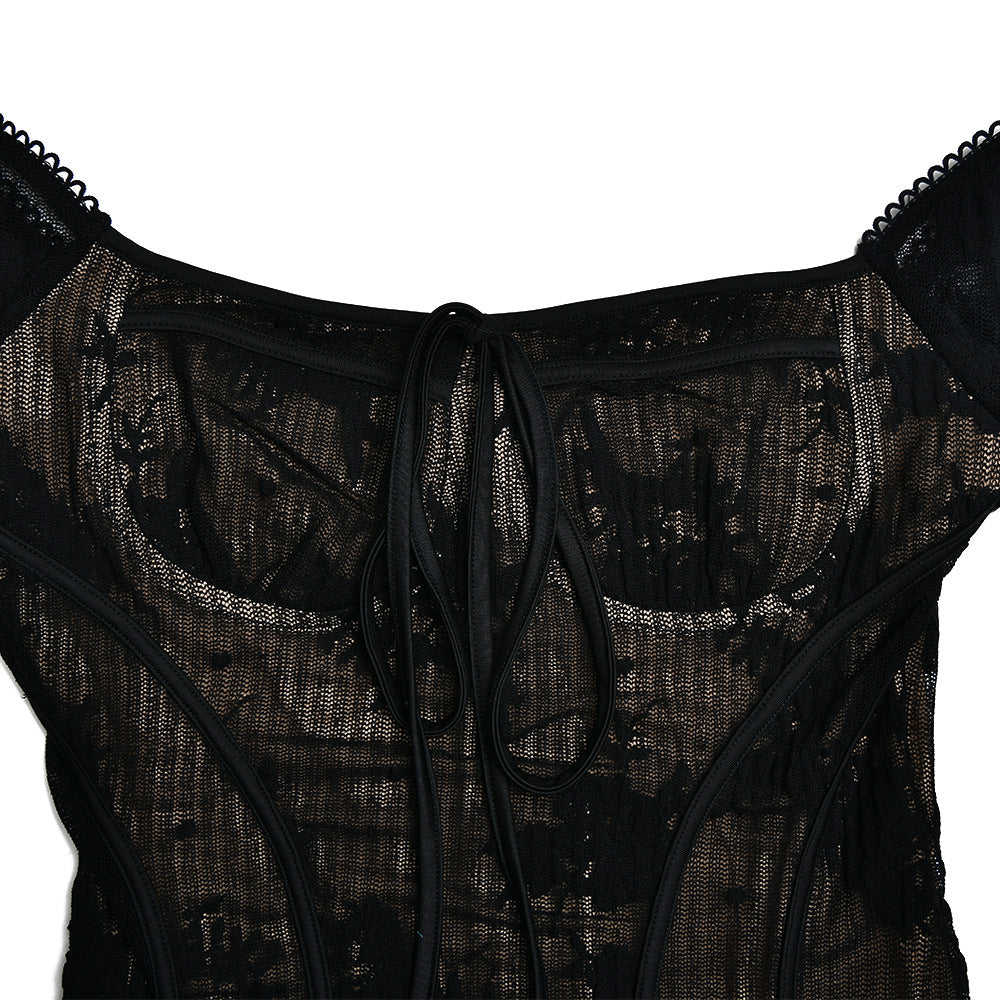 New Lace Flared Sleeve Strapless Dress