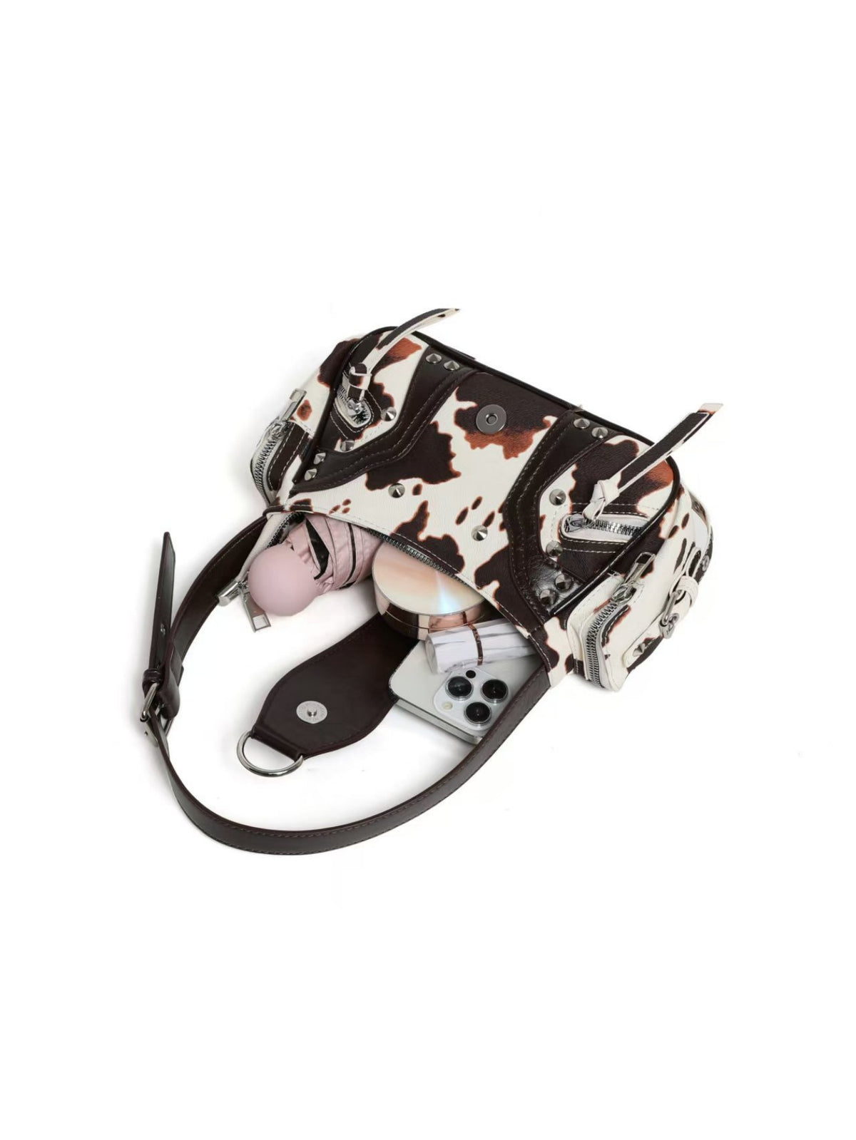 Stylish Leopard Print Edgy Biker Studded Shoulder Bag