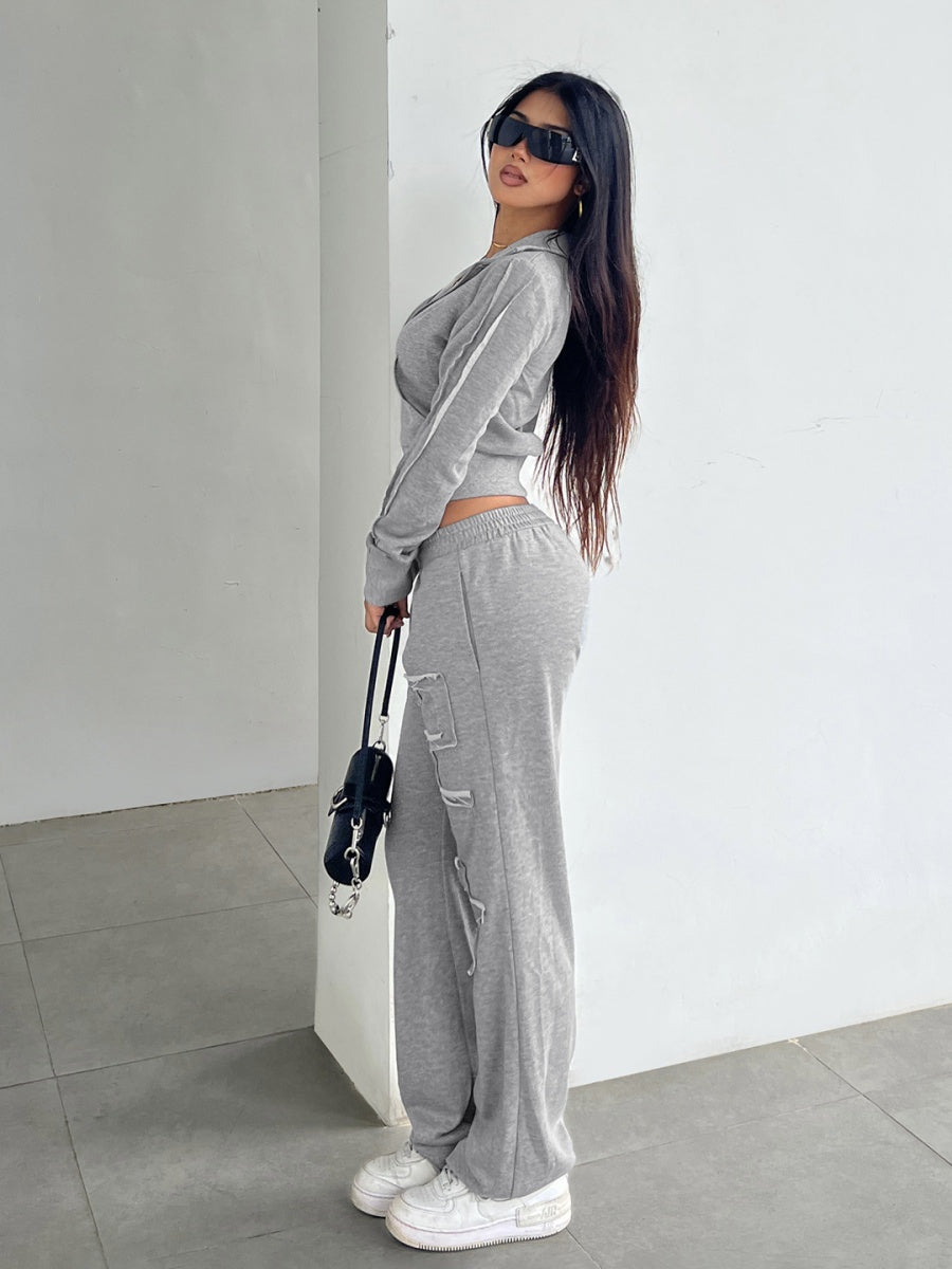 Grey Leisure Long Sleeve Crew Neck Patchwork Fabric Letter Sports 2-piece Sets