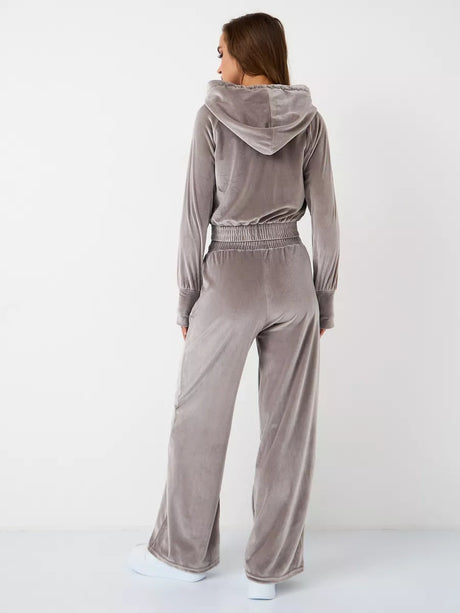 Velvet Zipper Cardigan, Silver Fox Fleece Sweatshirt, Lace-Up Pants 2-piece Sets