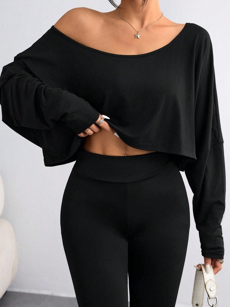 Black Off Shoulder Loose Navel T-shirts