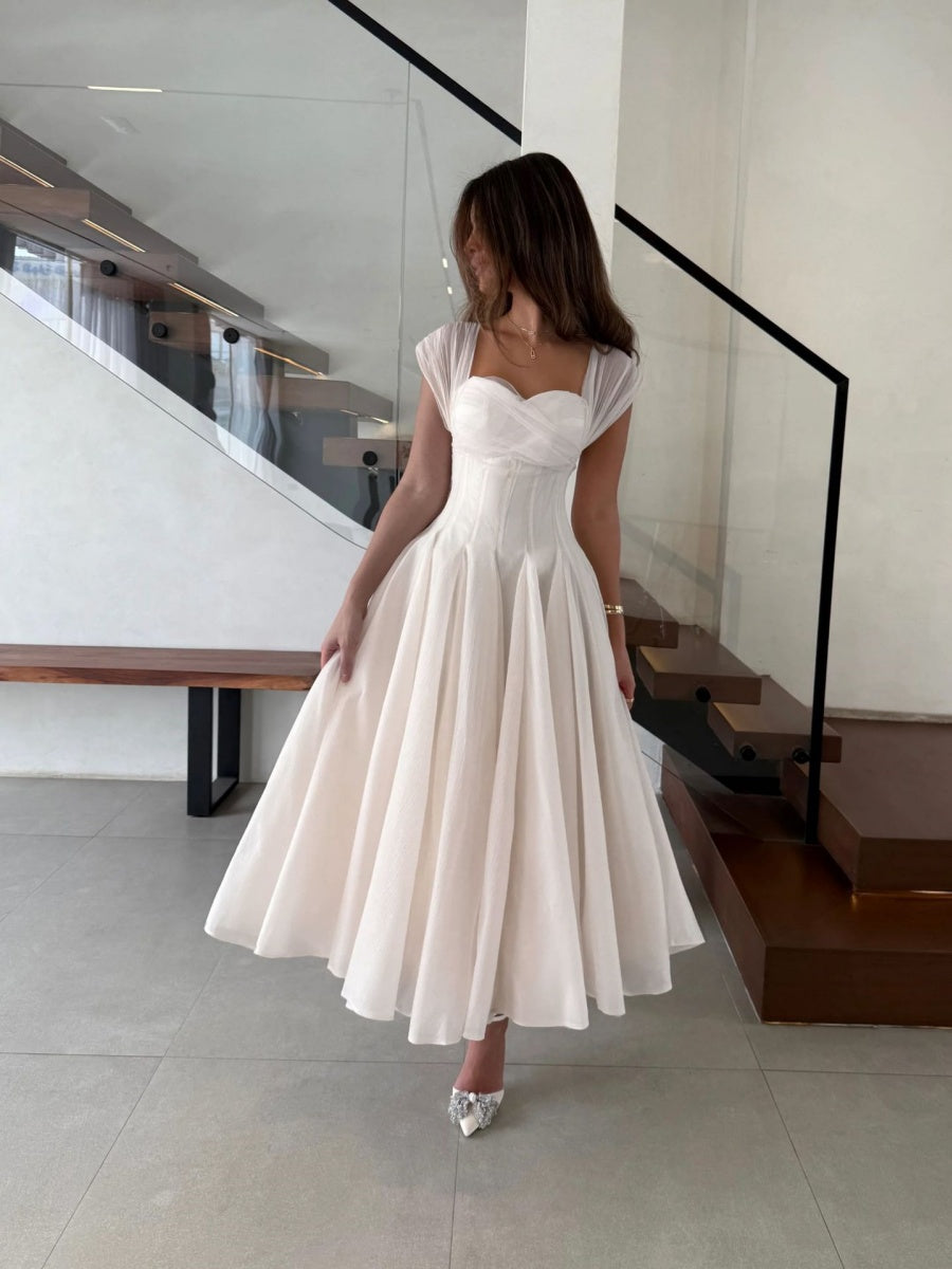 Mesh Splicing Waist Big Swing Midi Dresses