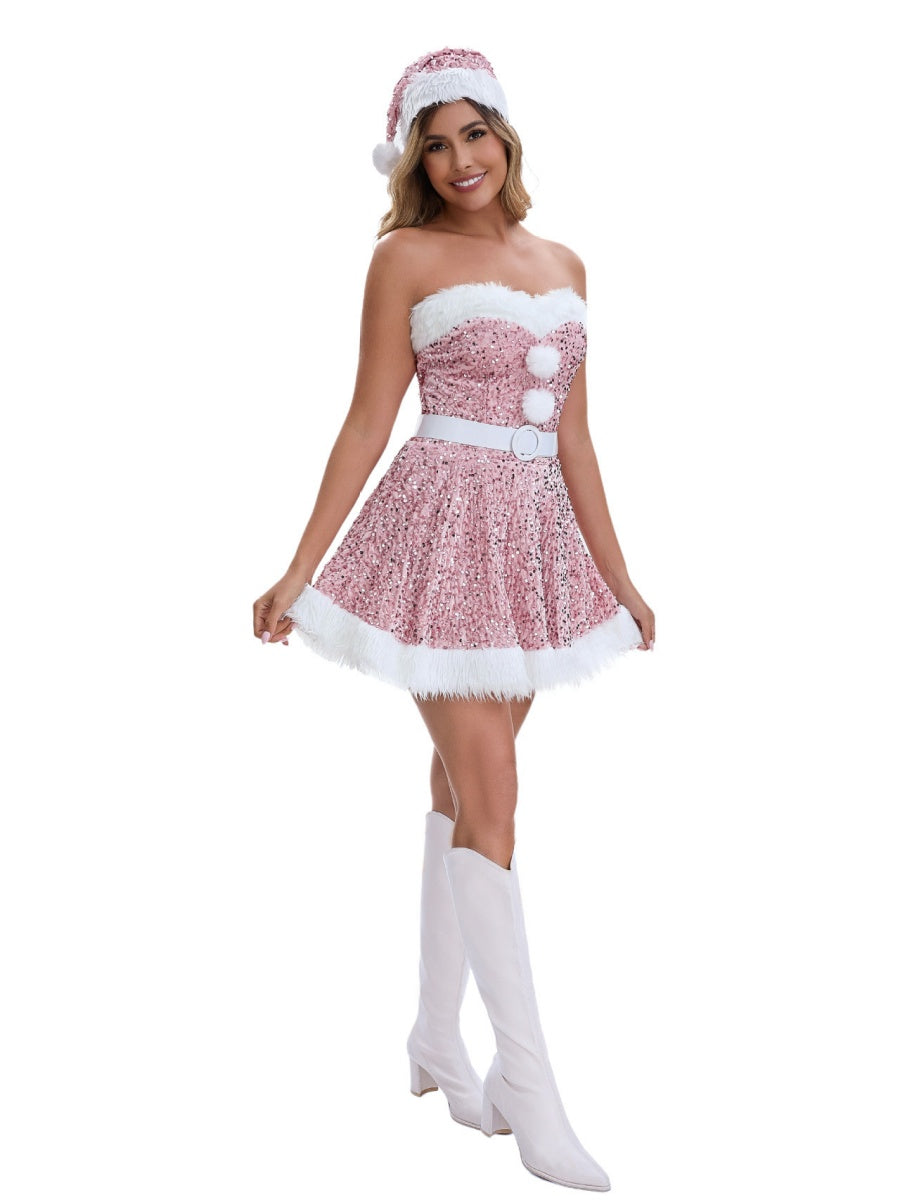 Christmas Sequined Plush Dress Hats Belts Multi-piece Sets