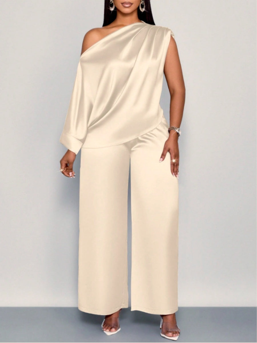 Satin Sloping Shoulders Short Sleeve TOP Wide-leg Pants 2-piece Sets