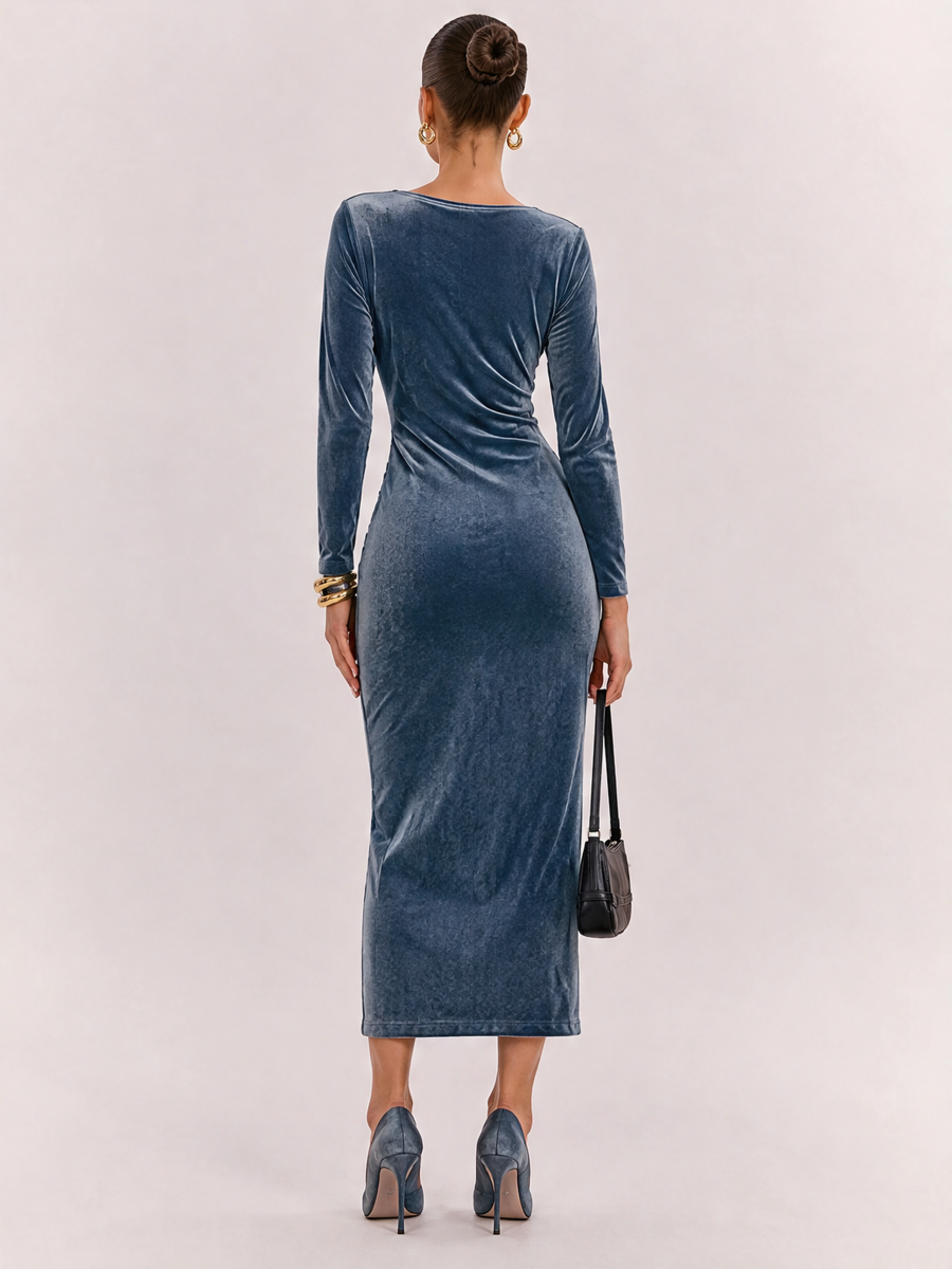 Goose Down V-neck Dress, Slim Fit, Pleated Patchwork, Irregular Skirt, Elegant Long Dress
