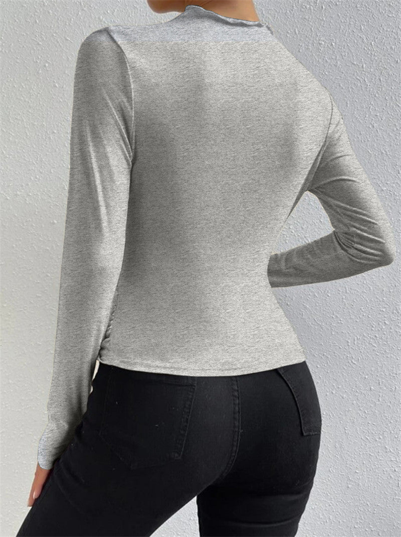 Solid Color Slim Fit Base Layer Versatile Pleated Long-sleeved T-shirt