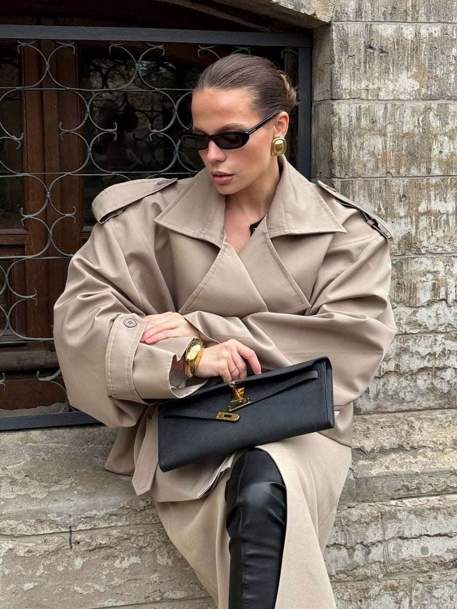 Khaki Lapel Long Sleeve Lace Up Short Trench Coats