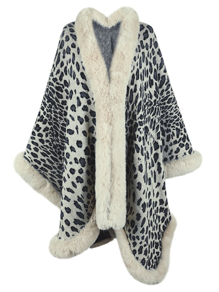 Leopard Print Shawl With Fur Collar Cloak Cardigans