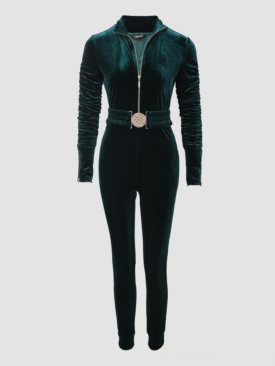 Velvet Zipper Metal Belt Jumpsuit