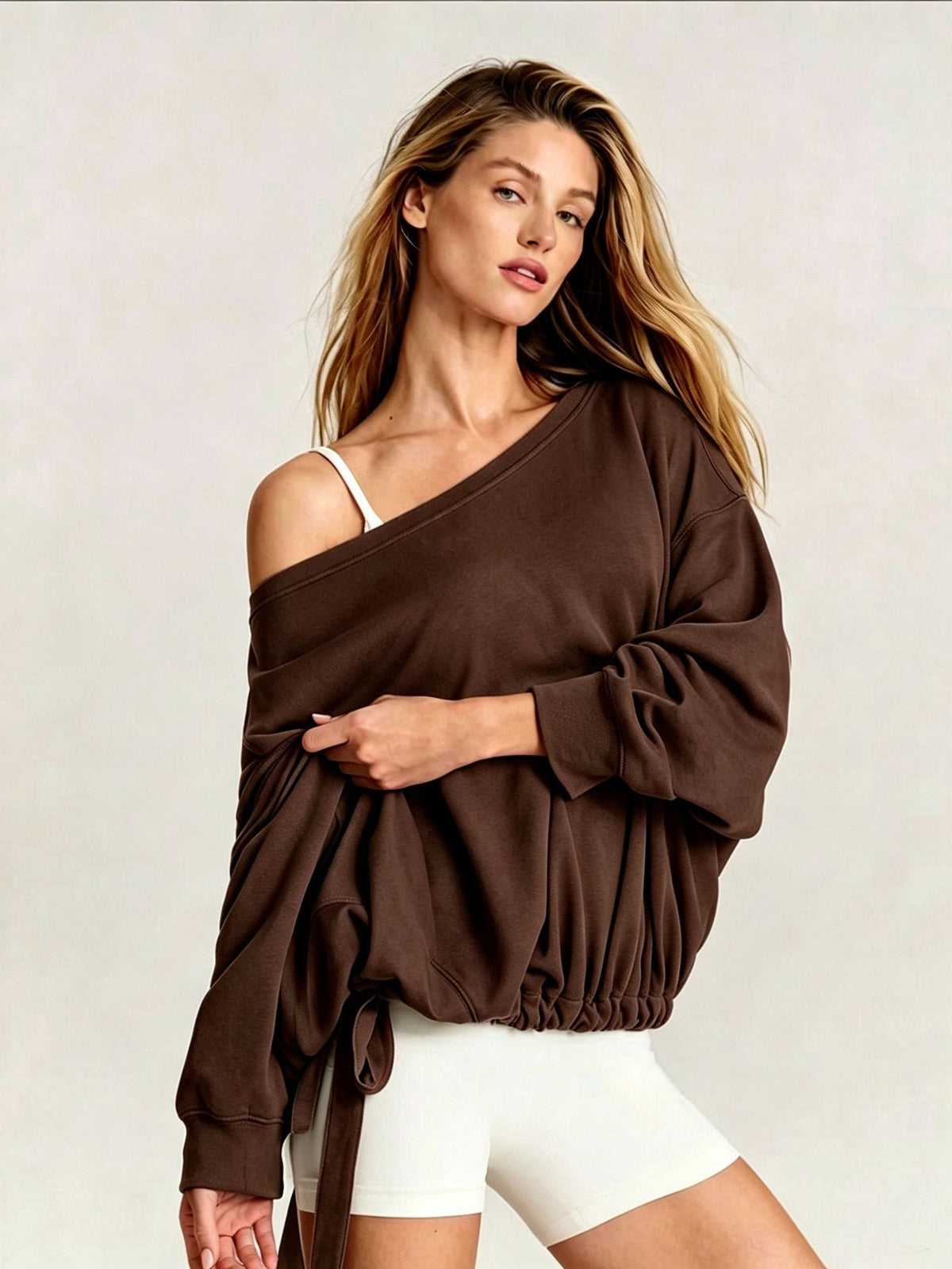 Women's Autumn/Winter Solid Color Off-Shoulder Long Sleeve Drawstring Hem Sweatshirt