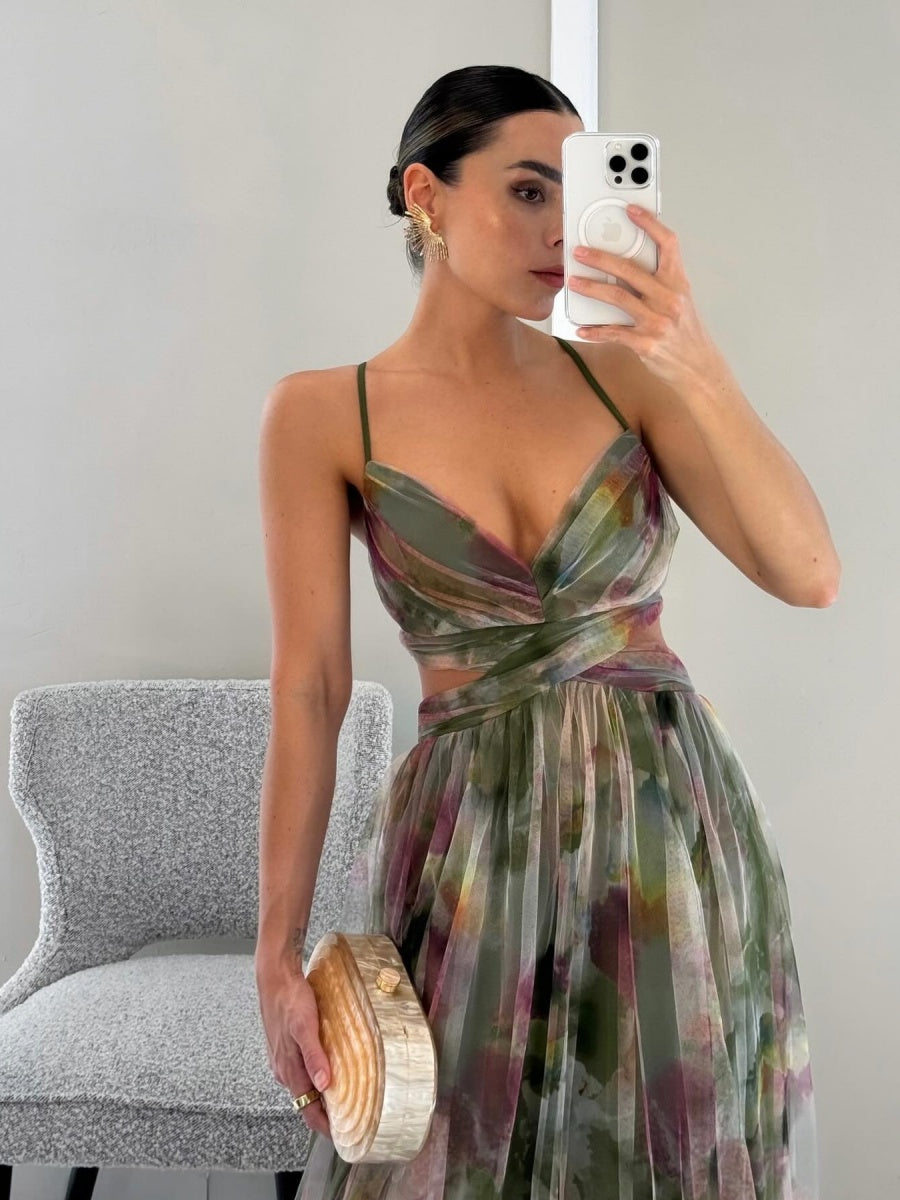 Mesh Floral Print Long Dress
