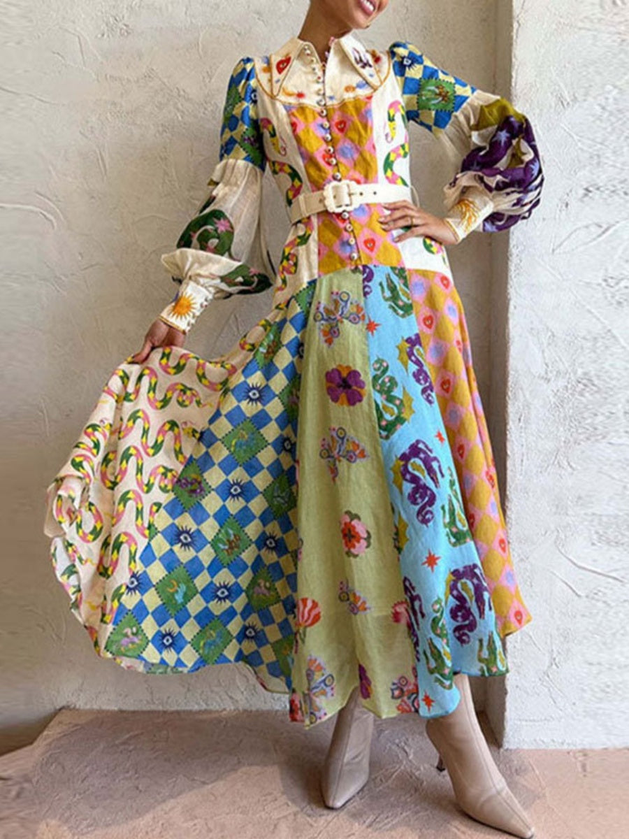 Botanical Floral Prints Balloon Sleeve Lapel Waist Long Sleeve Maxi Dresses