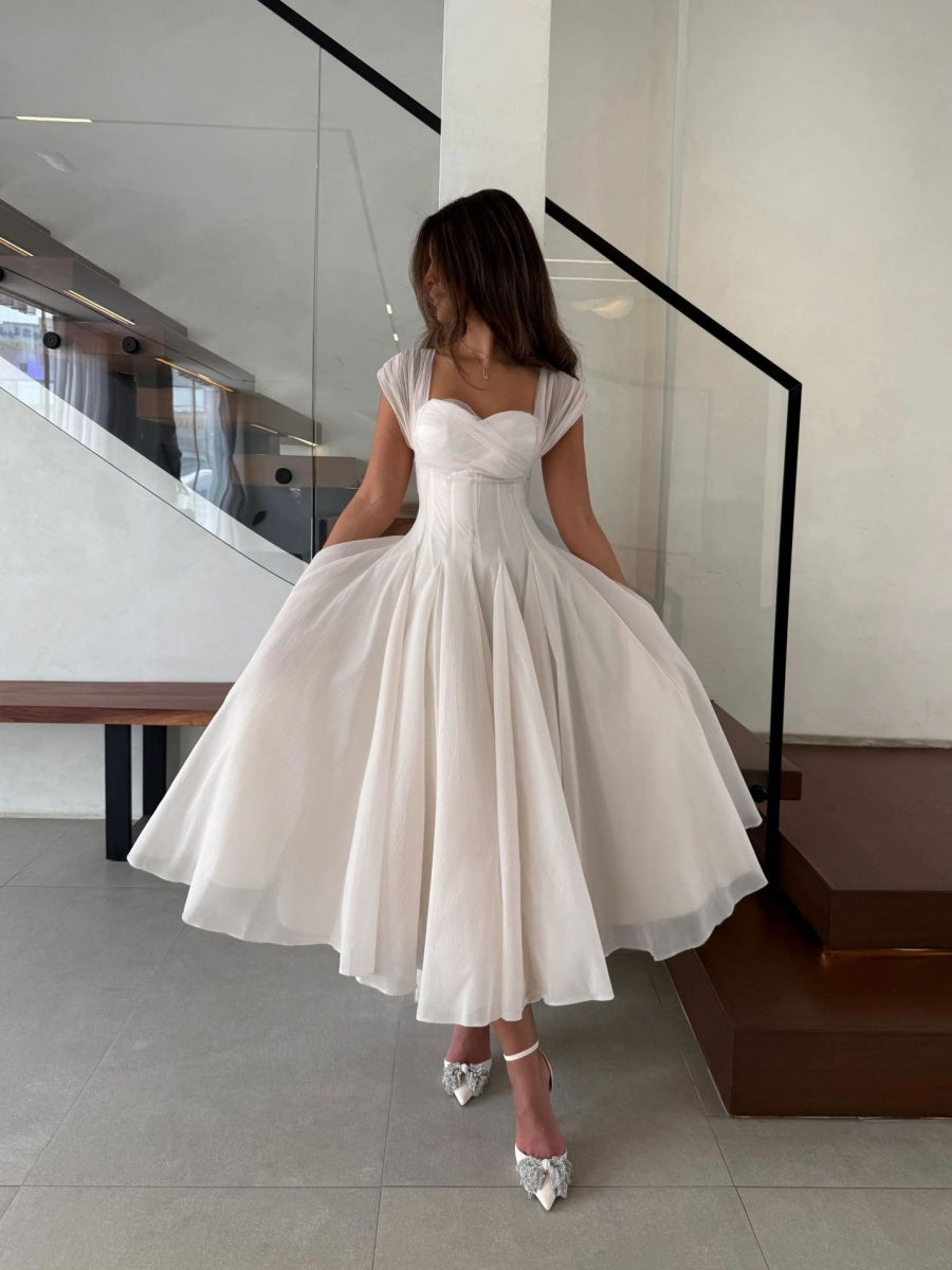 Mesh Splicing Waist Big Swing Midi Dresses