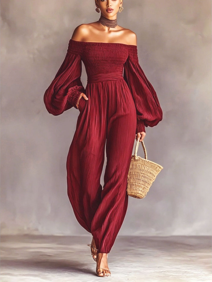 Off-shoulder Long-sleeved Pleated Fabric Jumpsuit In Solid Color