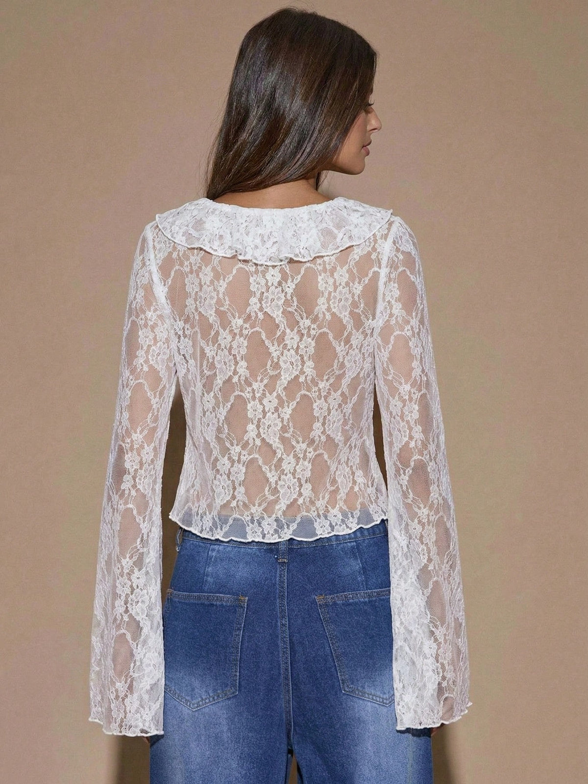 Long-sleeved Lace-up Romantic Tie-up Ruffle Layered Solid Color Chiffon Blouse