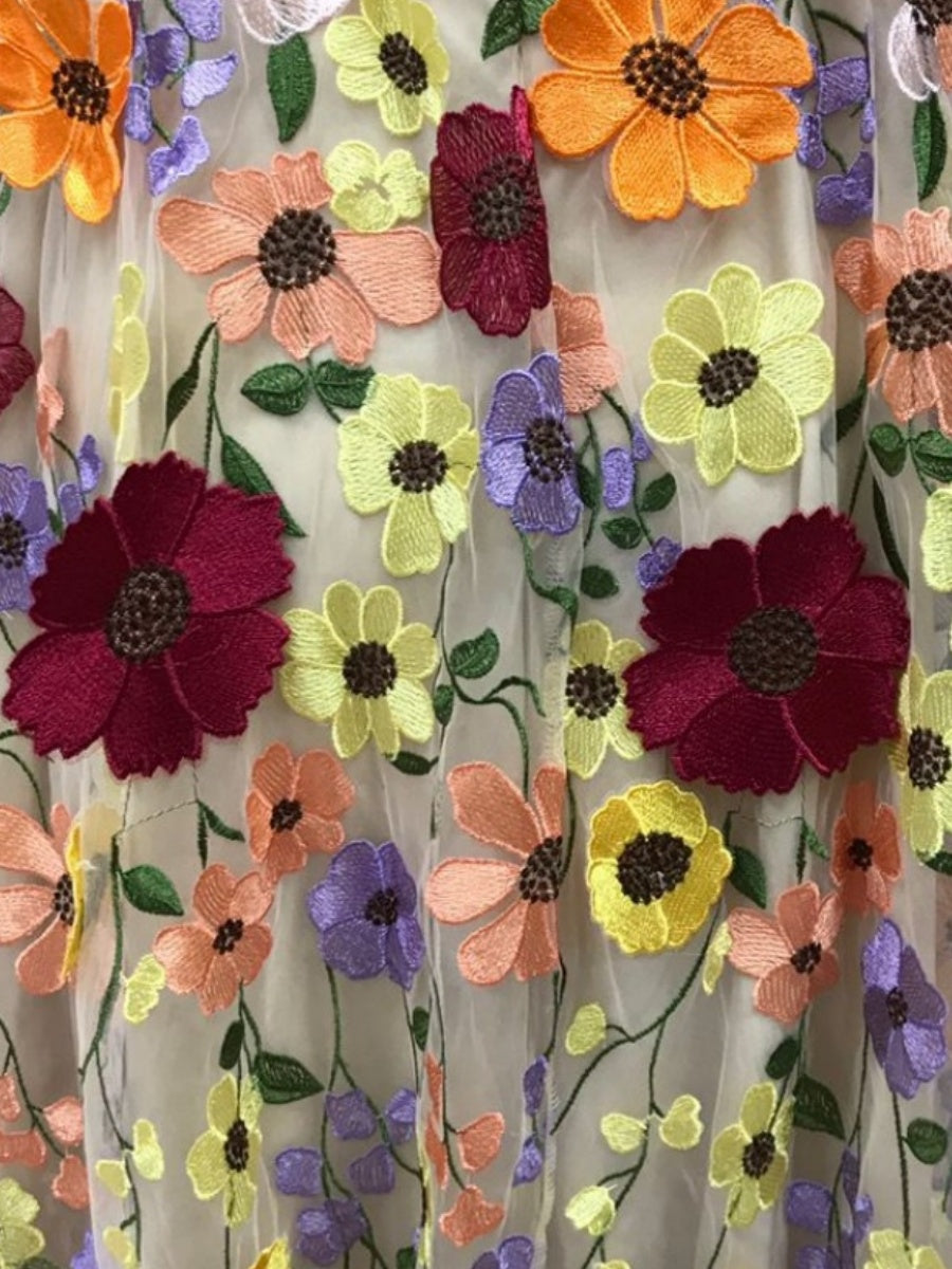 Bright Silk Three-dimensional Flower Fashionable Embroidery Flower Hip-wrapped Sexy Long Dress