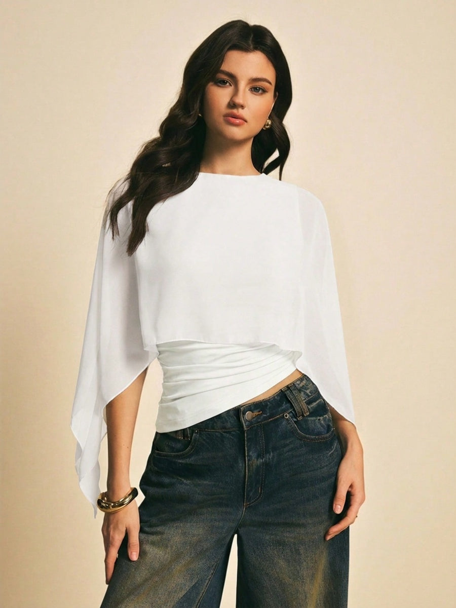 Cape-sleeve T-shirt, Round Neck, Loose Chiffon Cover-up, Elegant Irregular Top/T-shirt