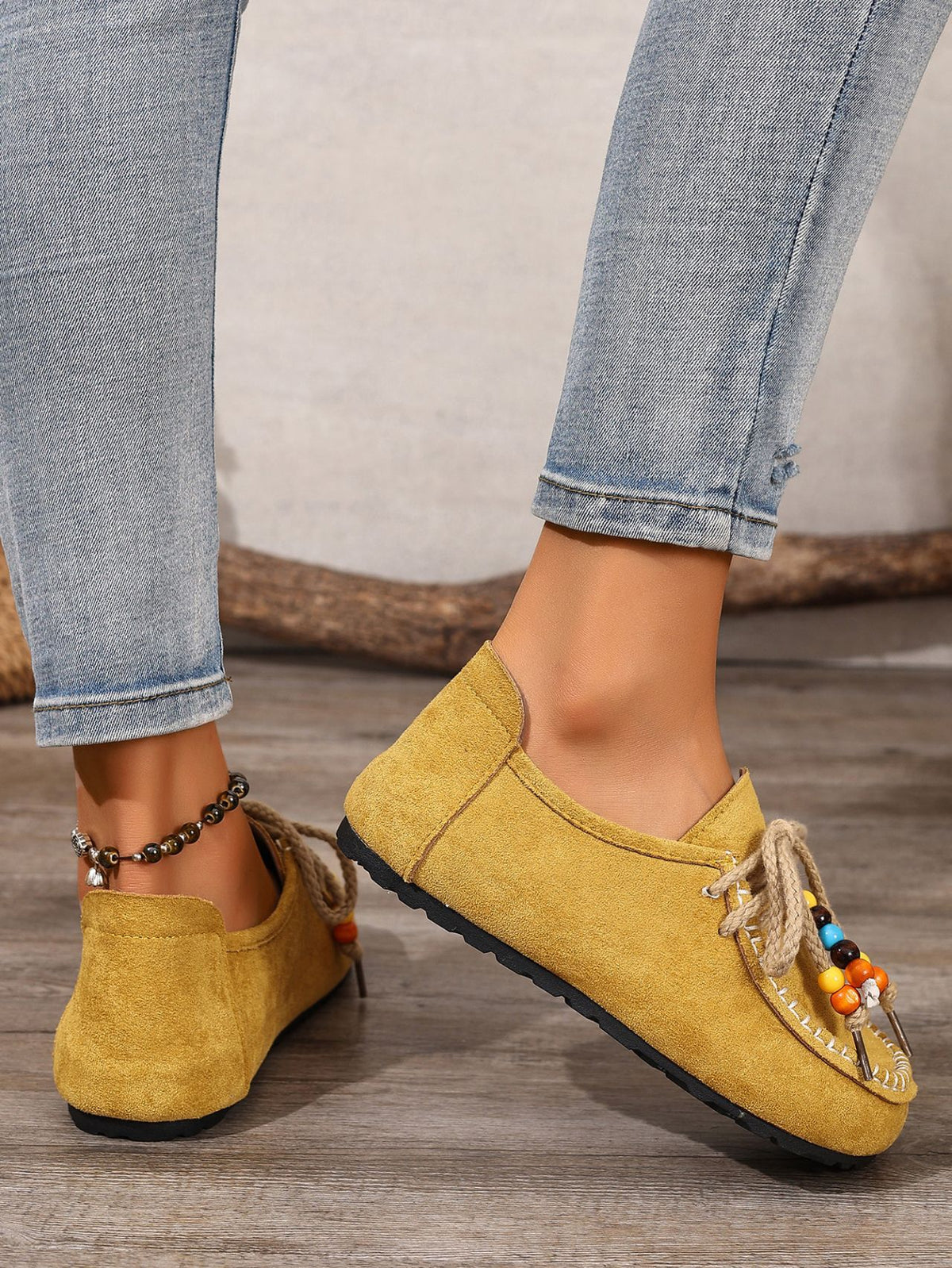 Lace-up Beaded Casual Suede Retro Round Toe Flat Shoes