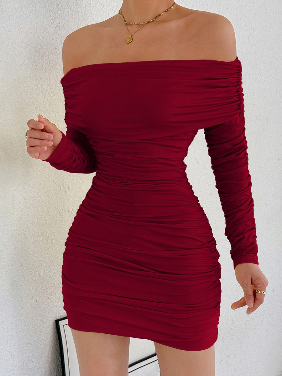 Off-the-shoulder Long-sleeved Pleated Slim-fit Bodycon Short Dress