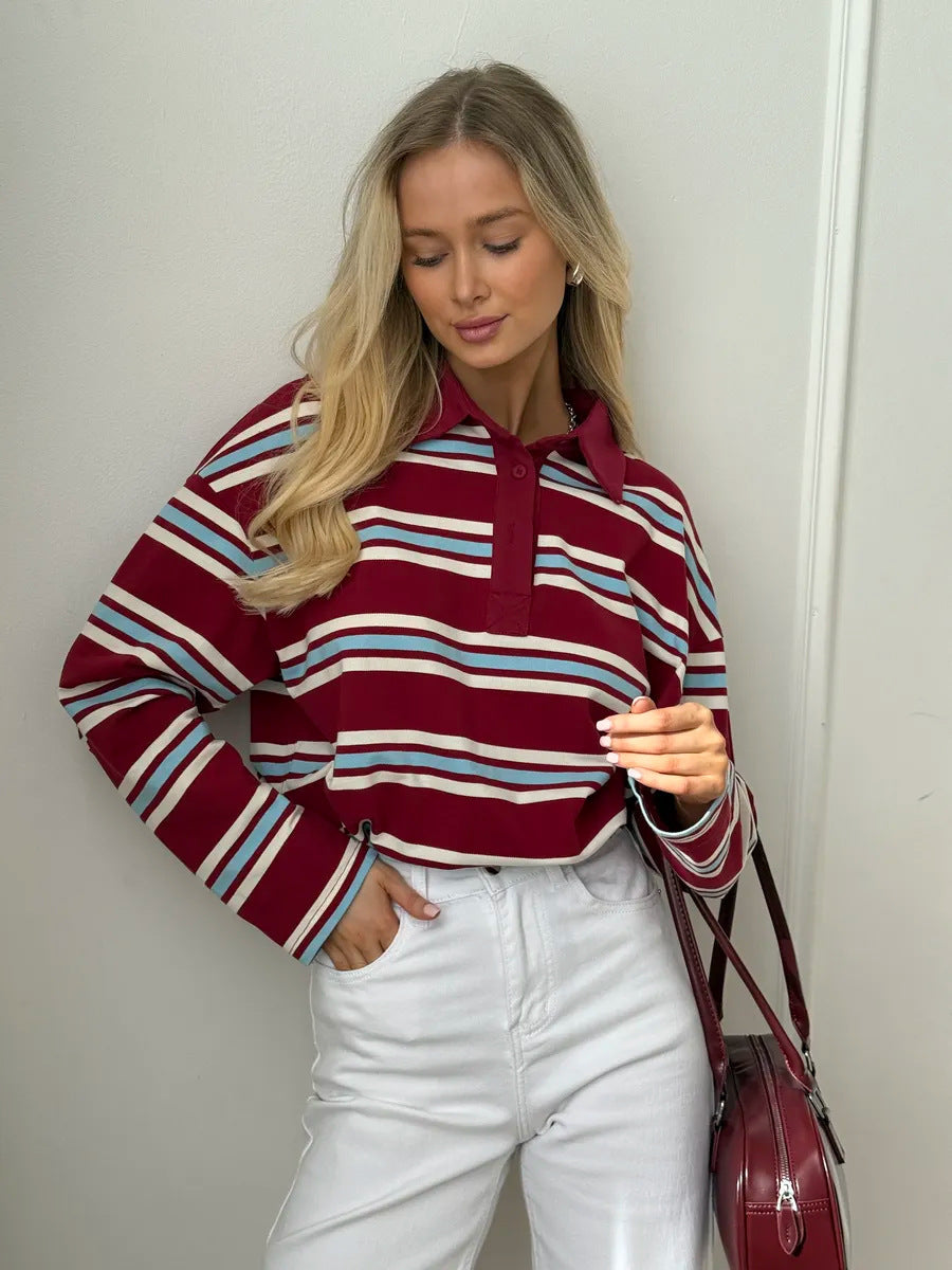Long-sleeved Striped T-shirt, Polo Collar, Loose-fitting T-shirt