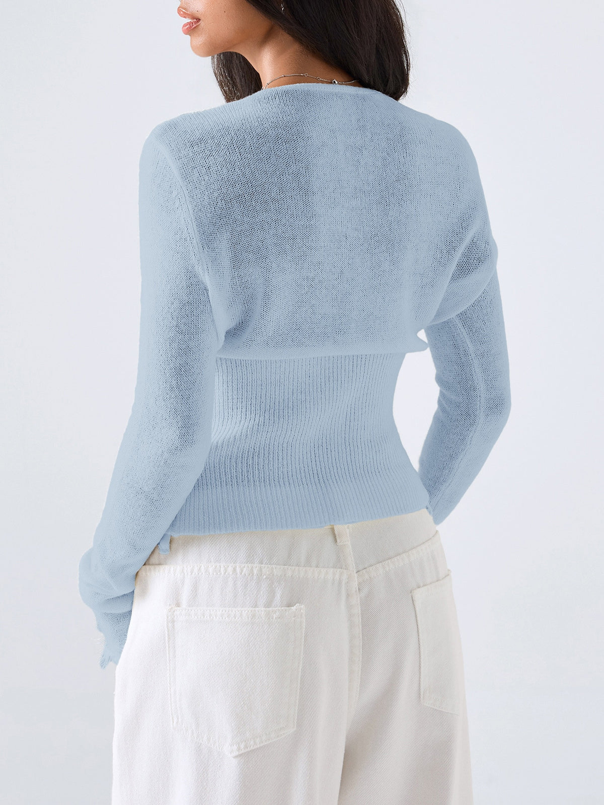 Lace Knitwear Slim-fit V-neck Solid Color Blouse&Shirts