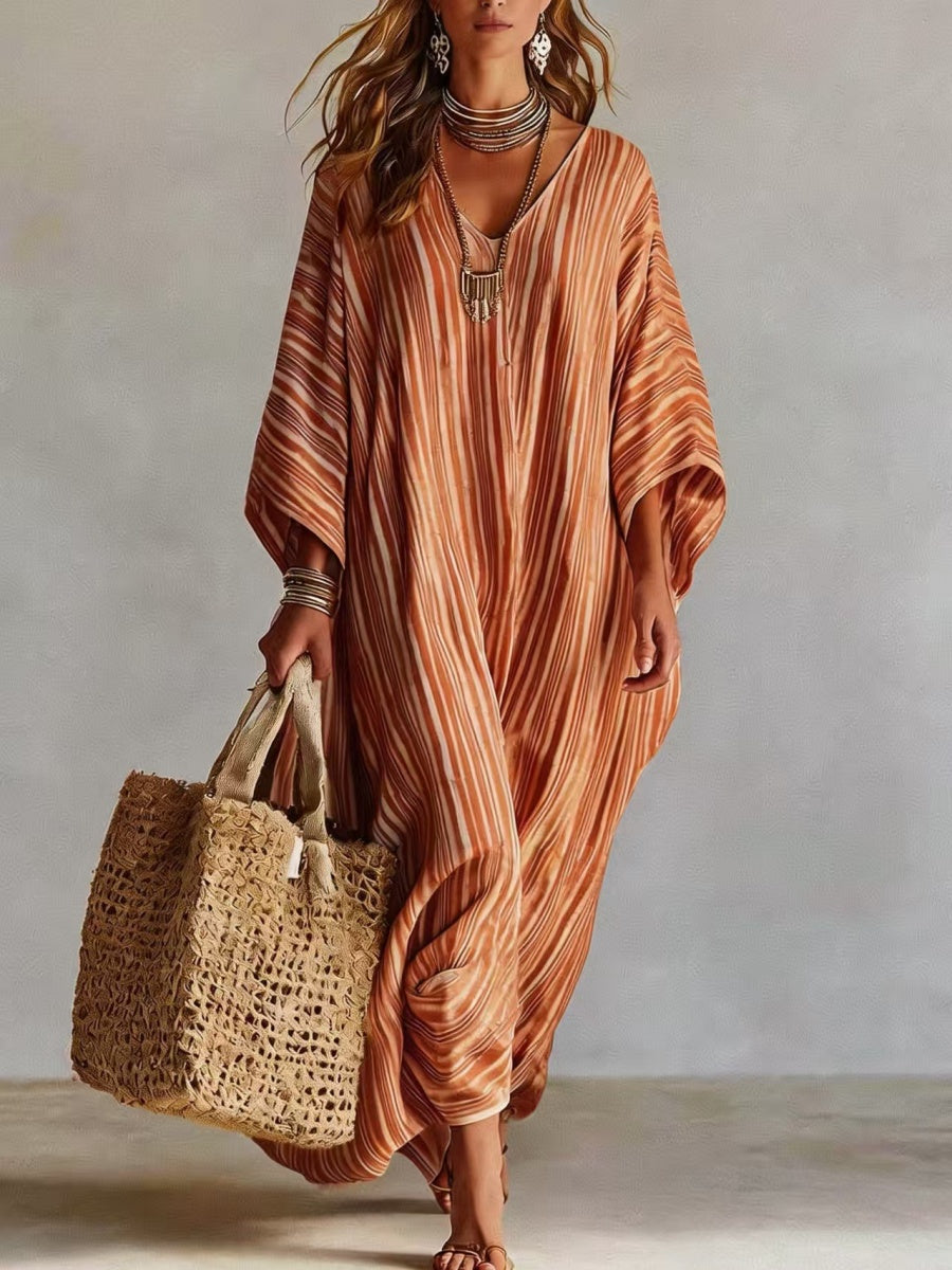 Striped Digital Print V-neck Three-quarter Sleeve Long Dress