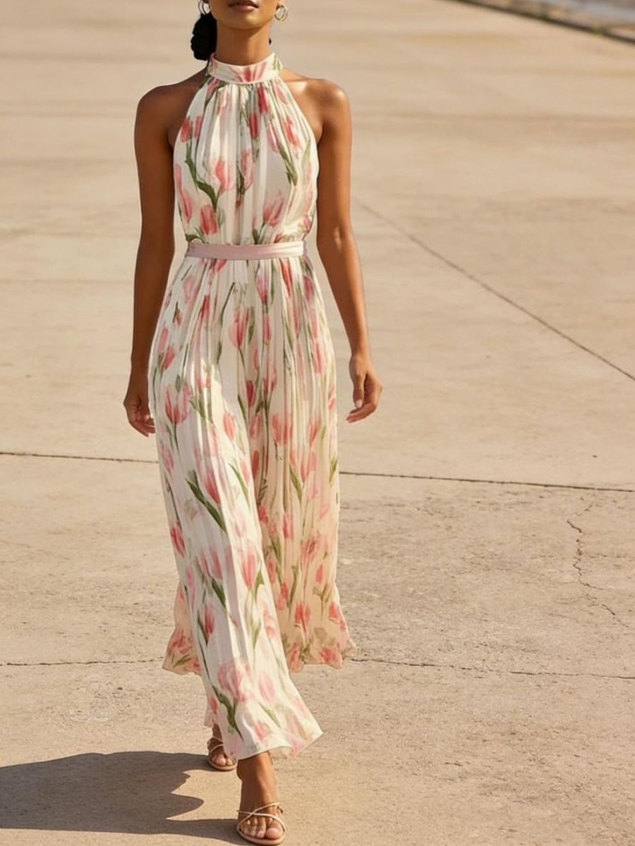 Elegant Maxi Dress With Halter Neck And Floral Print, European And American Vacation Style.