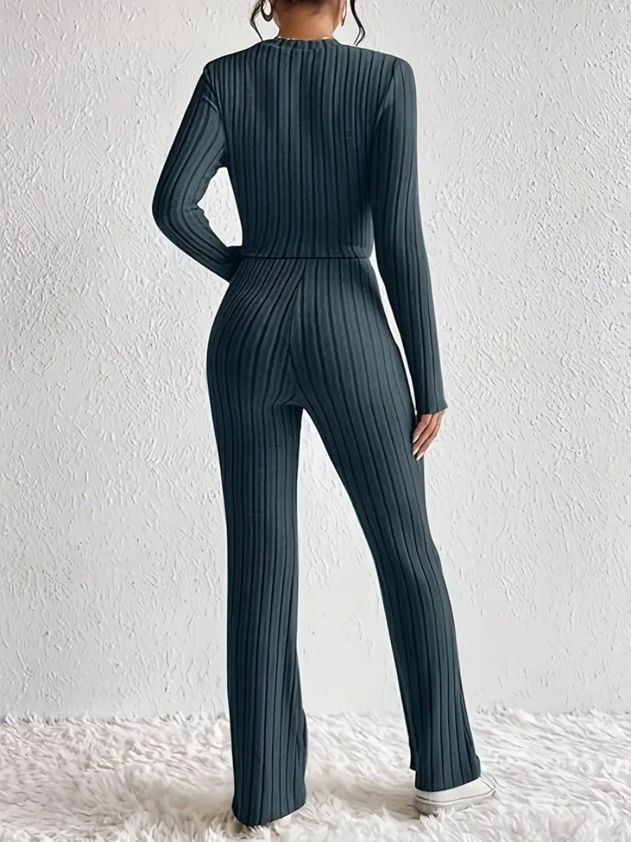 Small Round Neck Long Sleeves Tie Solid Color 2-piece Sets