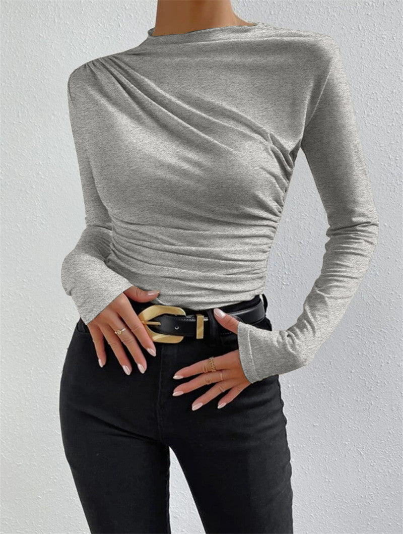 Solid Color Slim Fit Base Layer Versatile Pleated Long-sleeved T-shirt