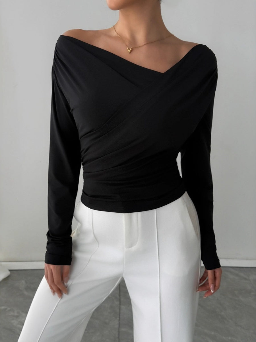 T-shirts à épaules dénudées, col en V, manches longues, plis croisés, coupe ajustée, parfaits pour tous les jours