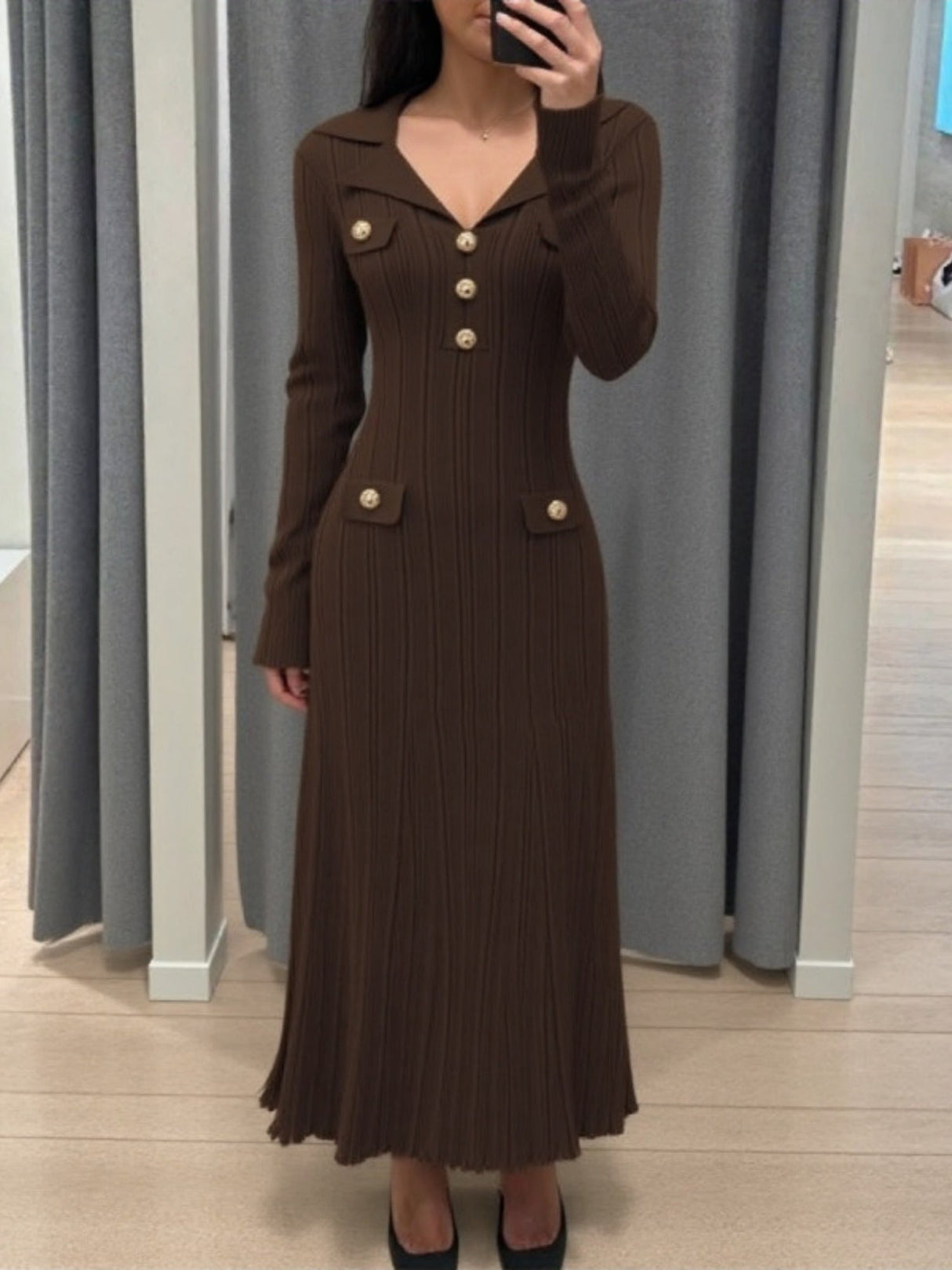 Lapel Button Ribbed Long Sleeve Fishtail Knitted Dress