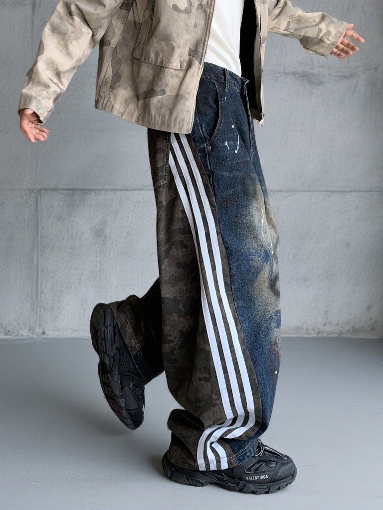Patchwork Vertical Stripes Camouflage Washed Machete Jeans