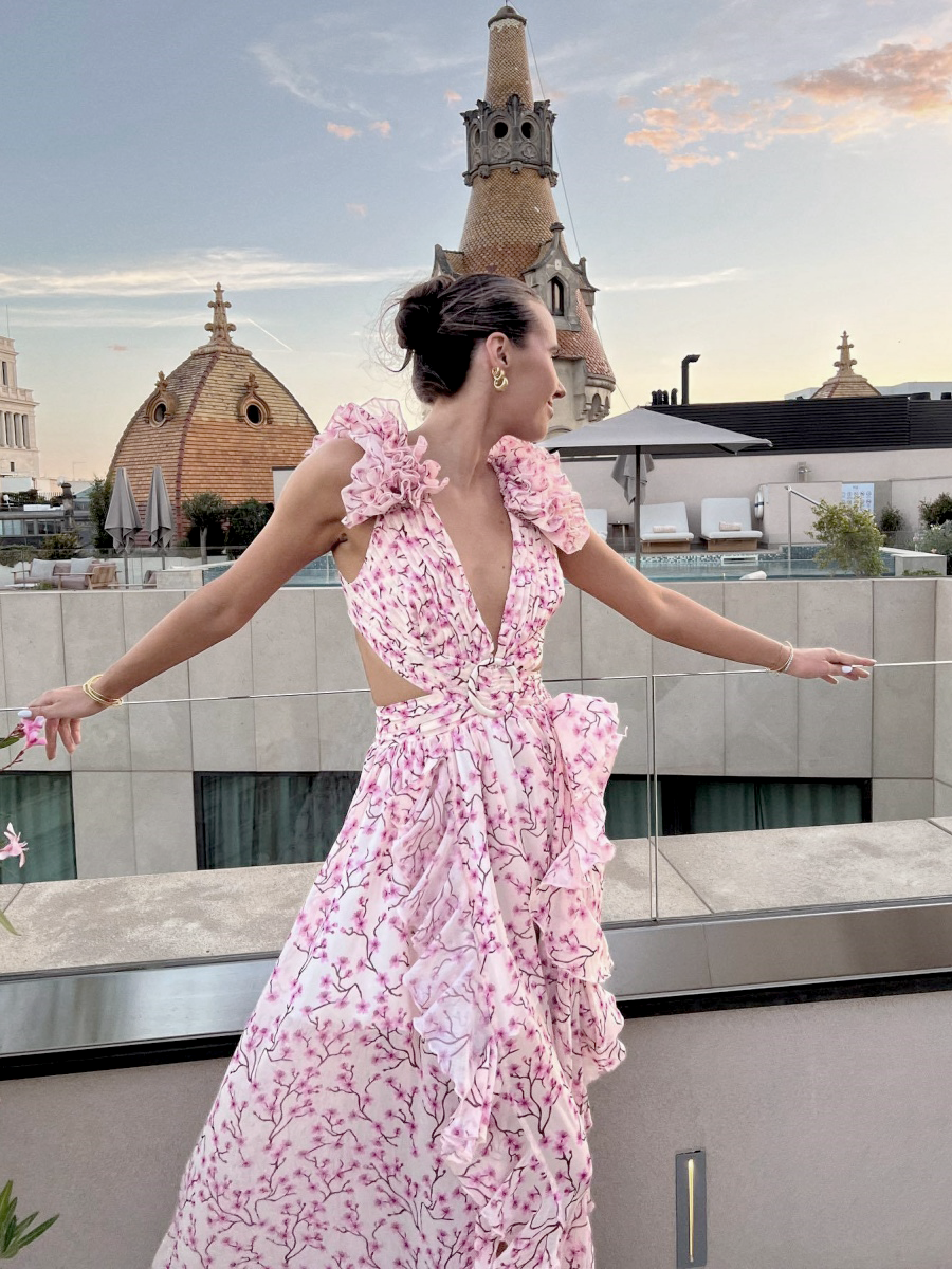 Floral Deep-V Maxi Dress – Shoulder Flower Accent