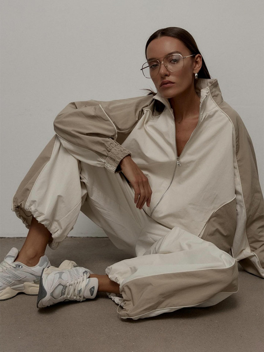 Liber Autumn women's drawstring clothing Colorblock long-sleeved two-piece jacket