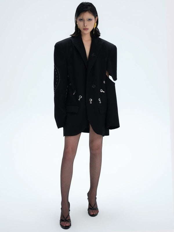 Metal-deconstructed, Stitched, Padded-shoulder, Oversized Suit Jacket