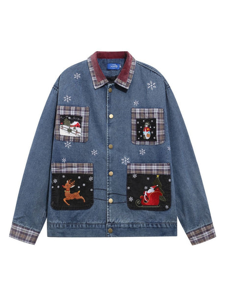 Christmas Pattern Embroidery Washing Splicing Denim Jacket