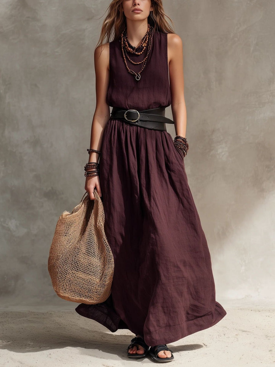 Slim-fitting, Long Sleeveless Dress With A Lapel Collar