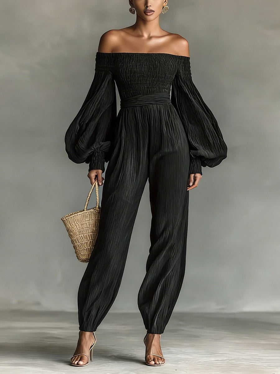 Off-shoulder Long-sleeved Pleated Fabric Jumpsuit In Solid Color