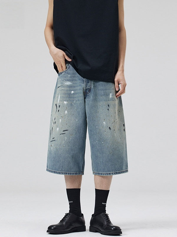 Retro Graffiti Splashing Ink 7 Points Denim Shorts
