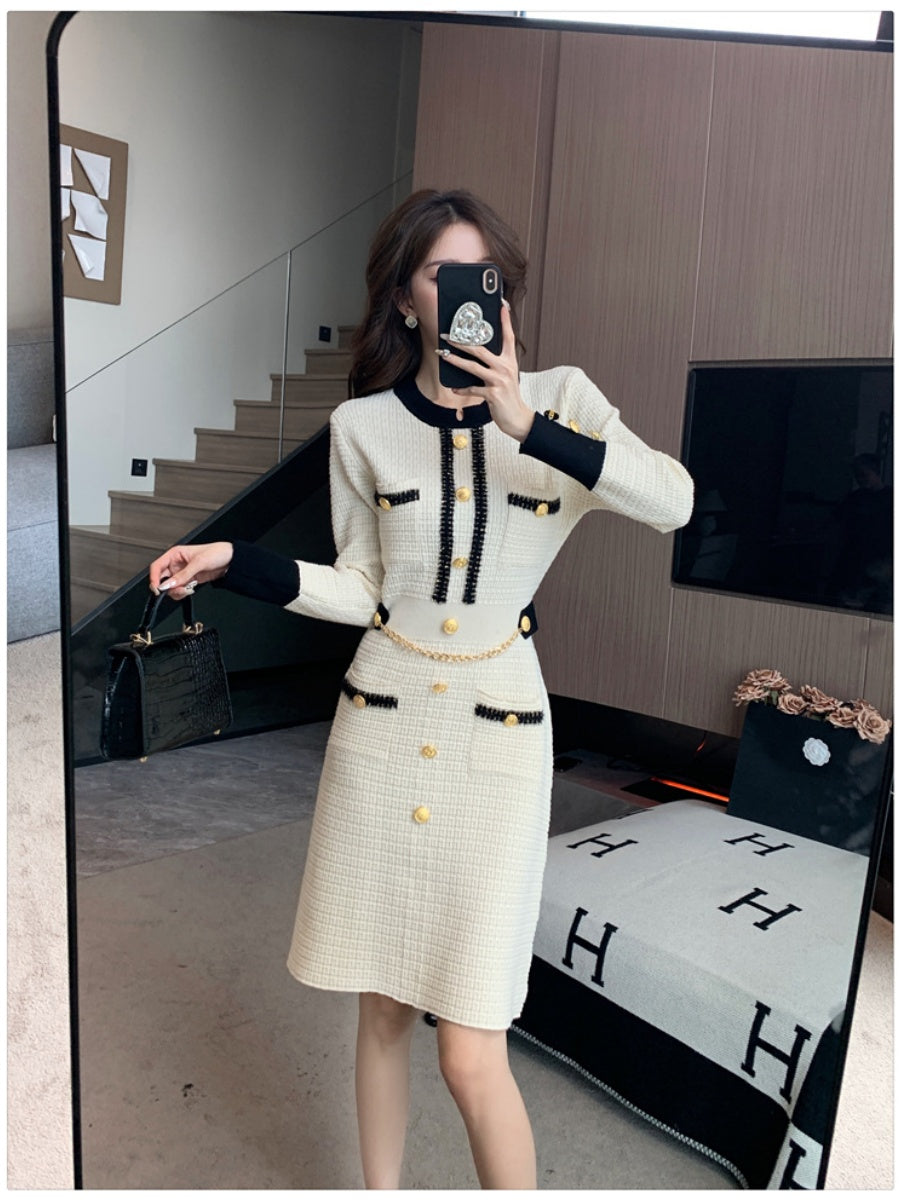Elegant And Sophisticated Long-sleeved Round Neck Button-down Chanel-style Knit Midi Dress
