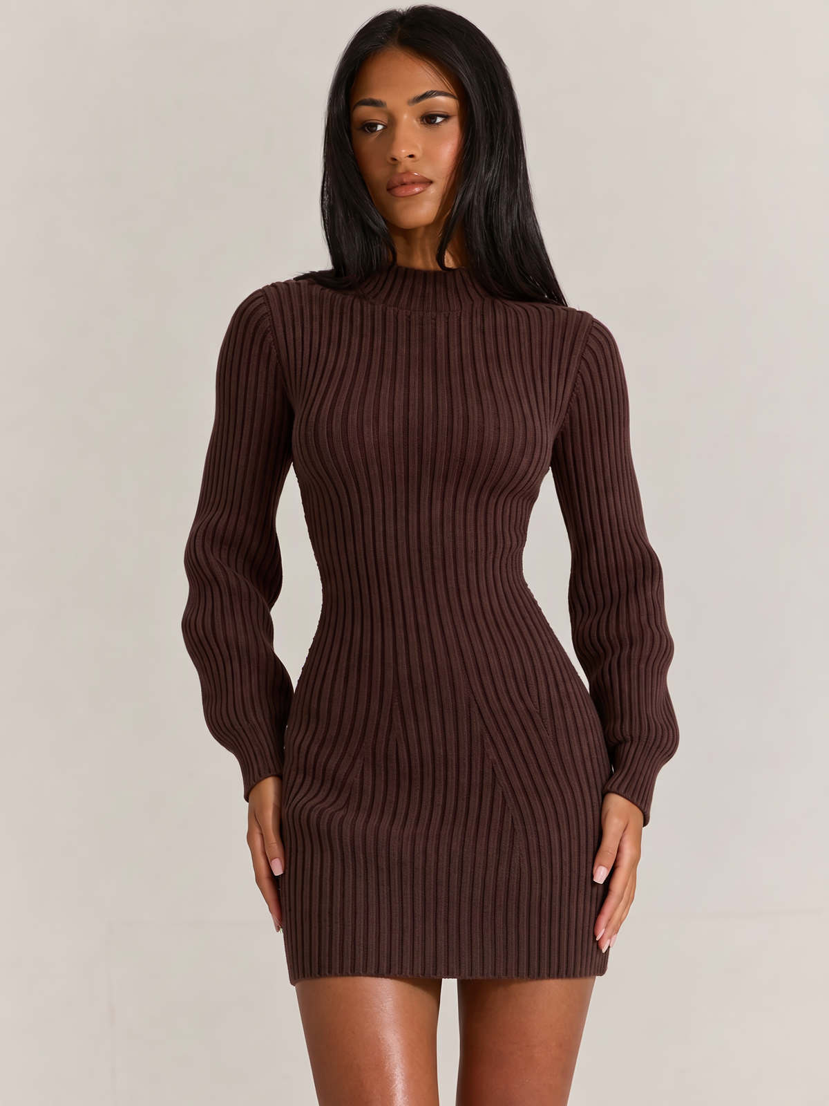 High-neck Solid Color Knitted Short Dress