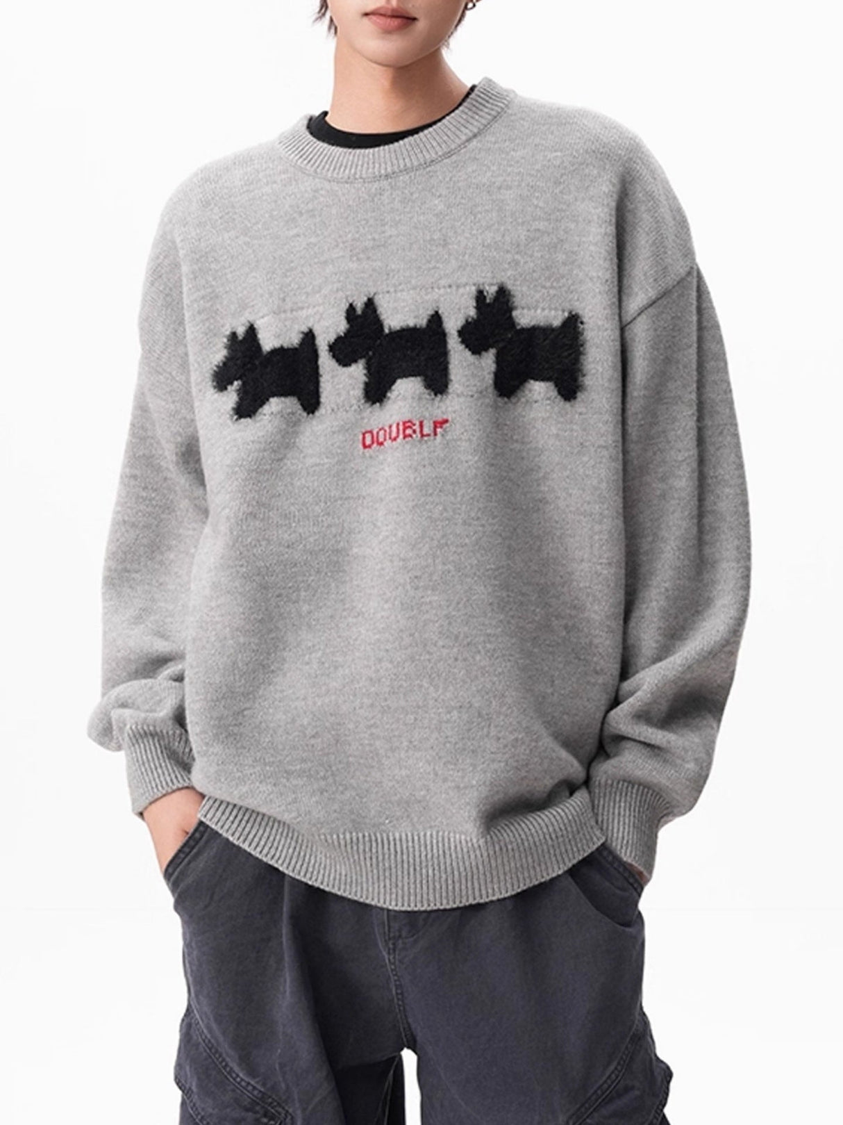 Flocked Puppy-Print Preppy Oversized Sweater