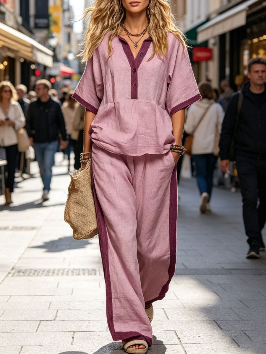 V-neck, Three-quarter Sleeve, Loose-fitting Solid Color Top With Elastic Waist And Loose Wide-leg Pants Two-piece Set