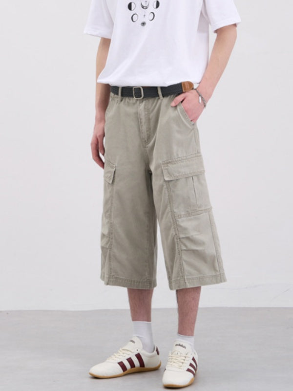 Washed Pleated Multiple Pockets Tooling Baggy 7 Points Shorts