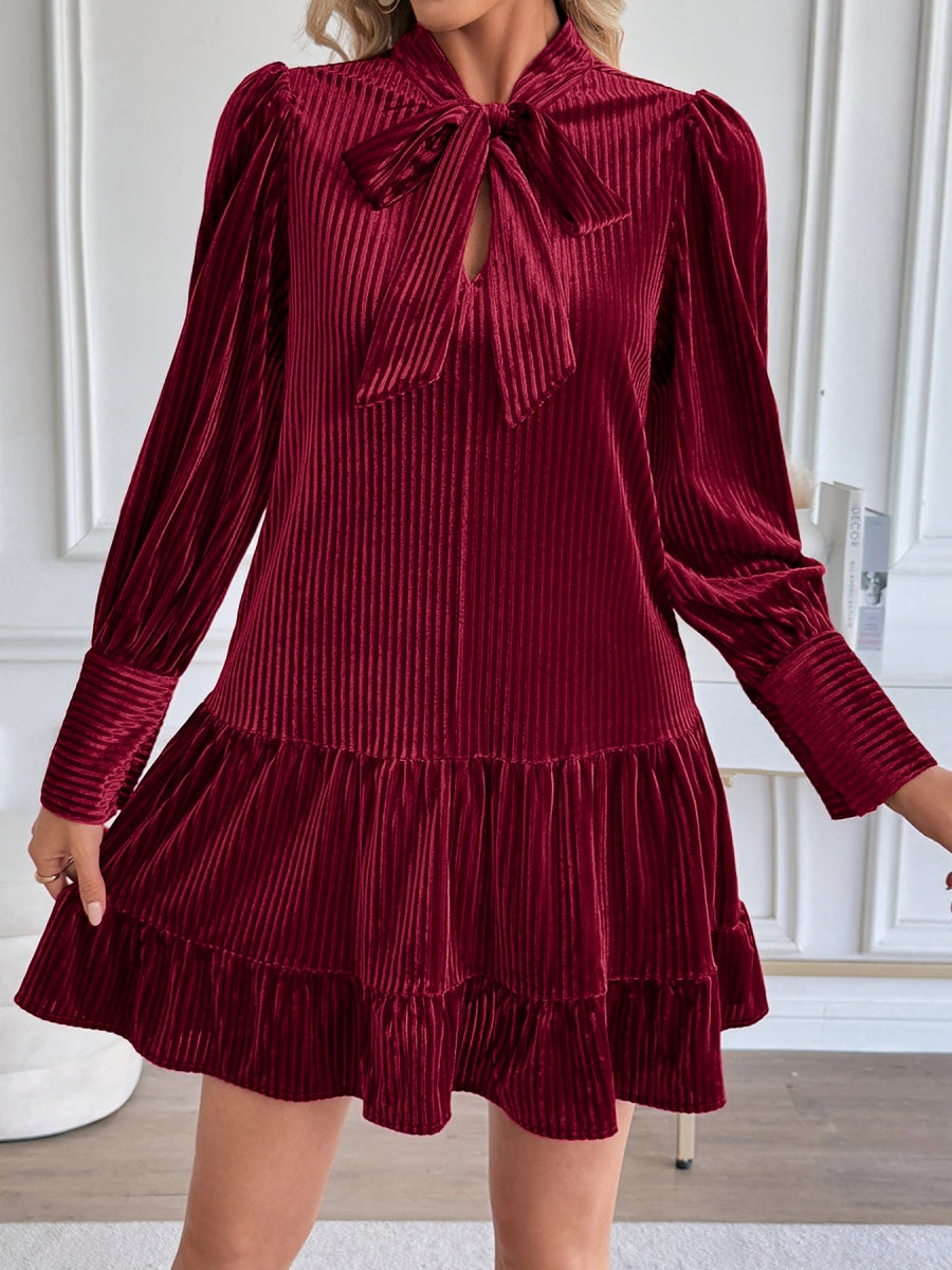 A-style Wine Red Velvet Stripes Long Sleeve Bow Ruffle Cocktail Party Christmas Short Dress