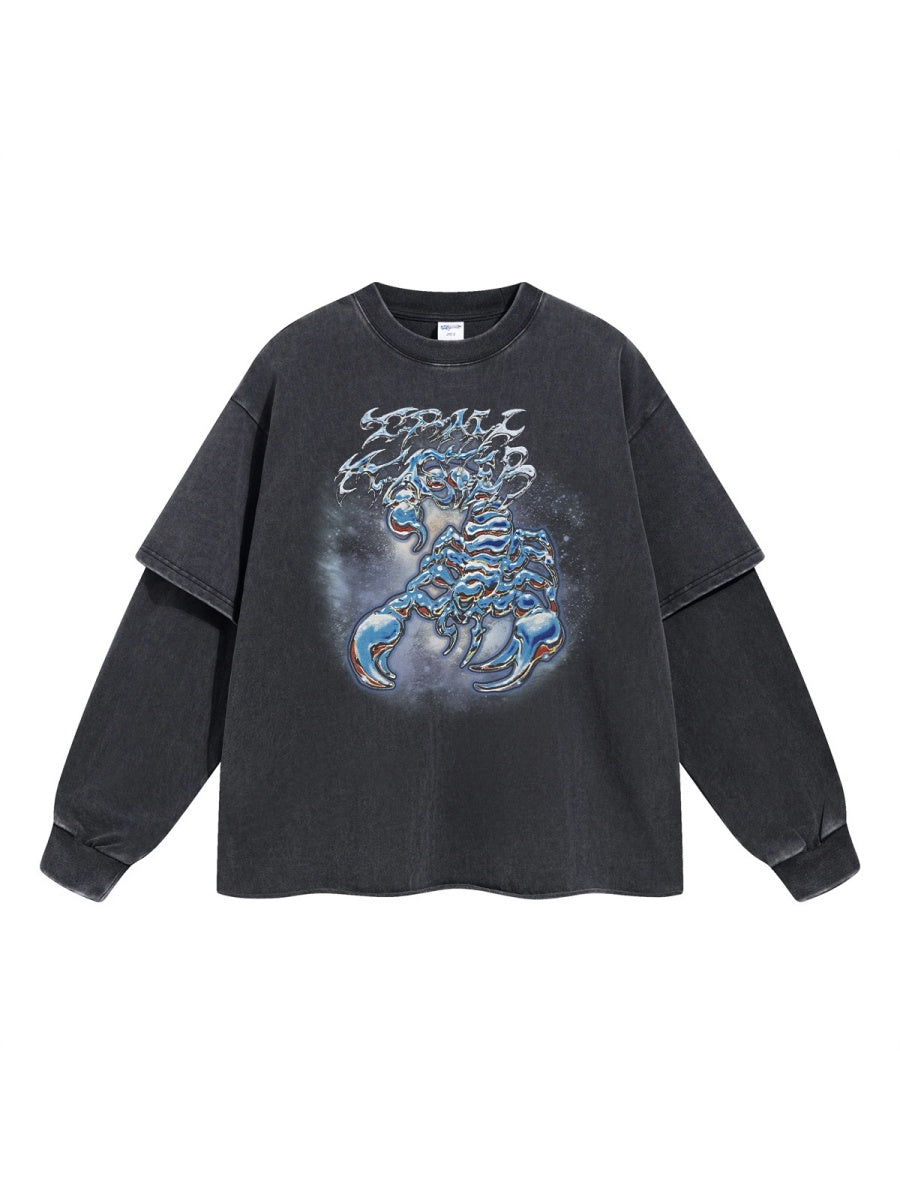 Scorpion Printed Street Fake Two Pieces Spliced Sleeves Washing And Aging Long-sleeved T-shirt
