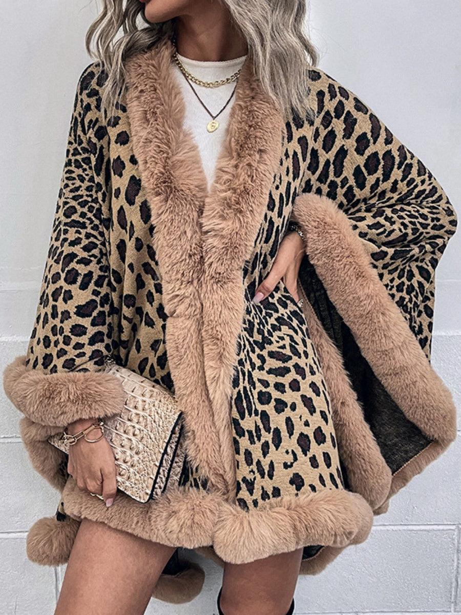 Leopard Print Shawl With Fur Collar Cloak Cardigans