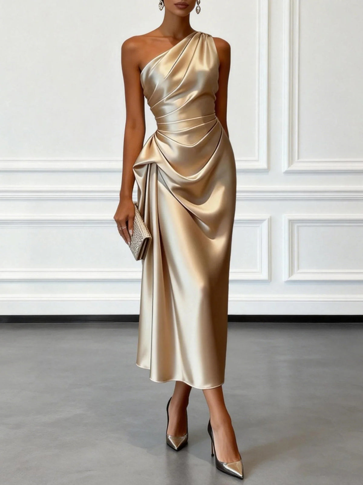 Off-the-shoulder Satin Pleated Maxi Dress