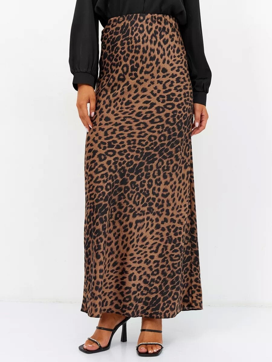 Satin Leopard Print High Waist Elasticity Silky Smooth Skirts