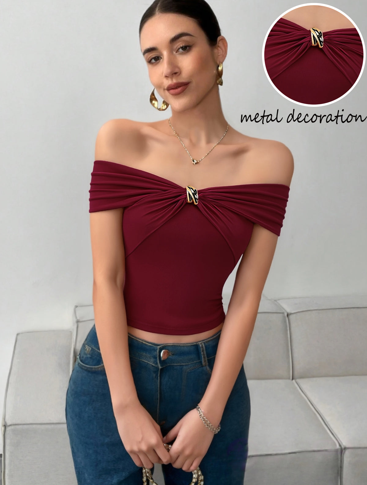 Off-the-shoulder Fitted Top With Metallic Embellishments